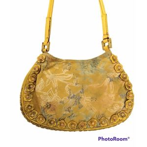 Facondini yellow Leather Snap Purse W Rosettes, Zip Pocket, hinge, 9.5x6.5